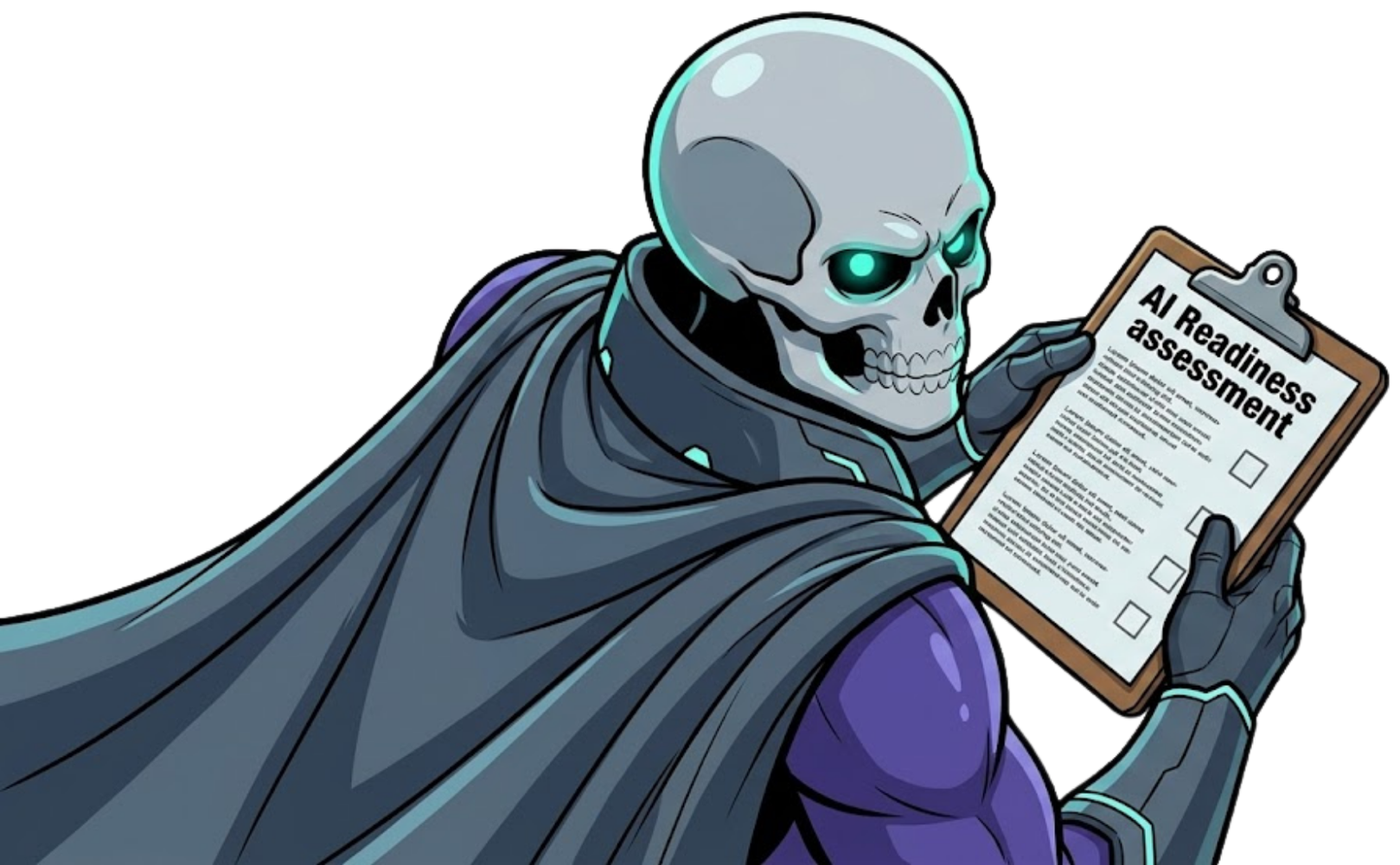Lord Greyskull holding a clipboard titled AI Readiness Assessment