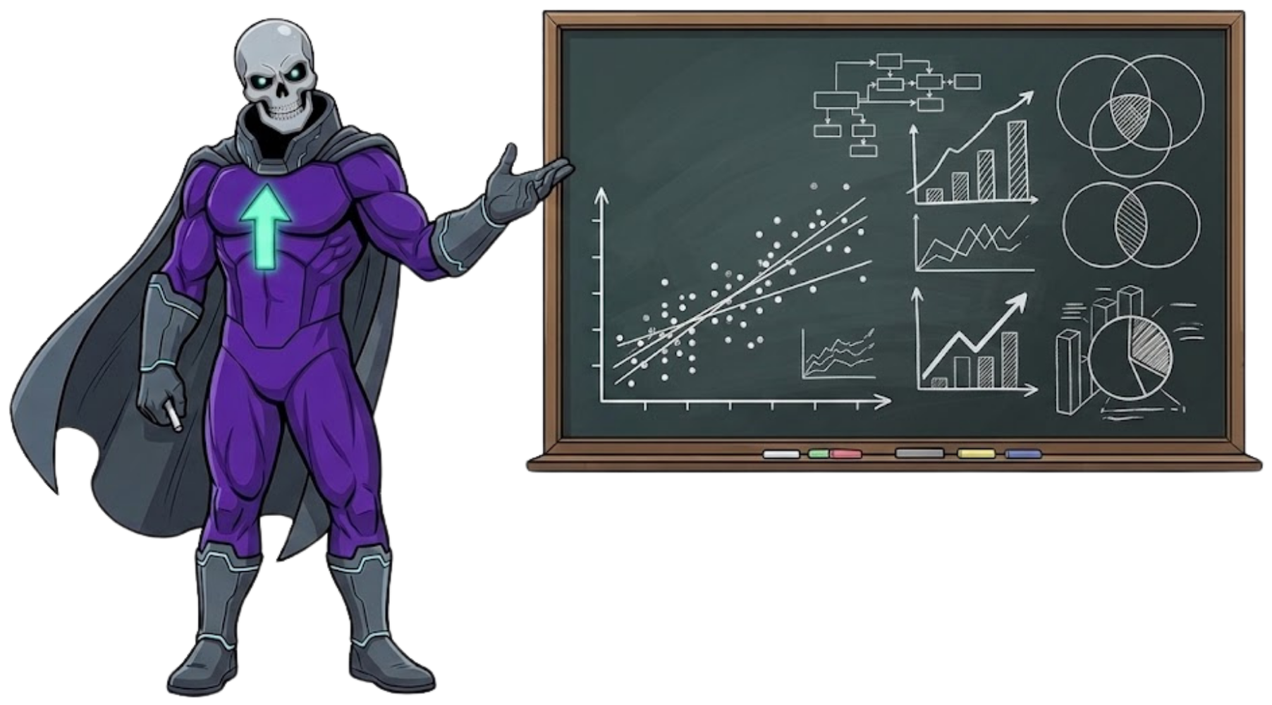 Lord Greyskull pointing at a chalkboard covered in charts and diagrams