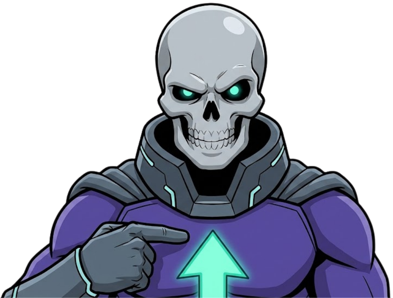 Lord Greyskull pointing at his own chest emblem