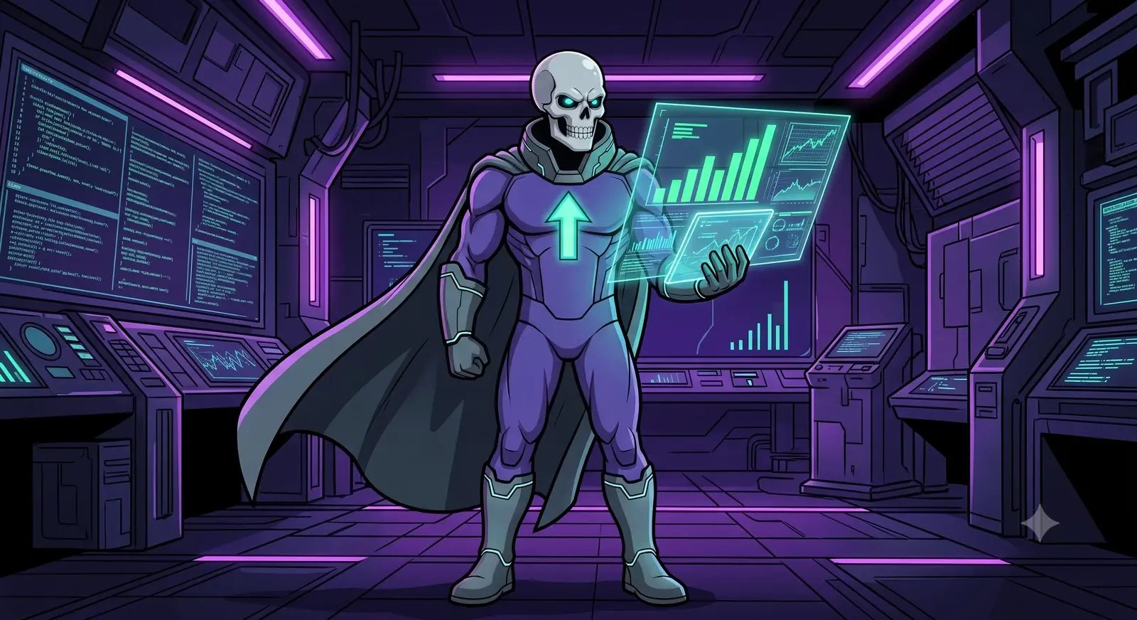 Lord Greyskull reviewing live charts on a holographic data display in his command center