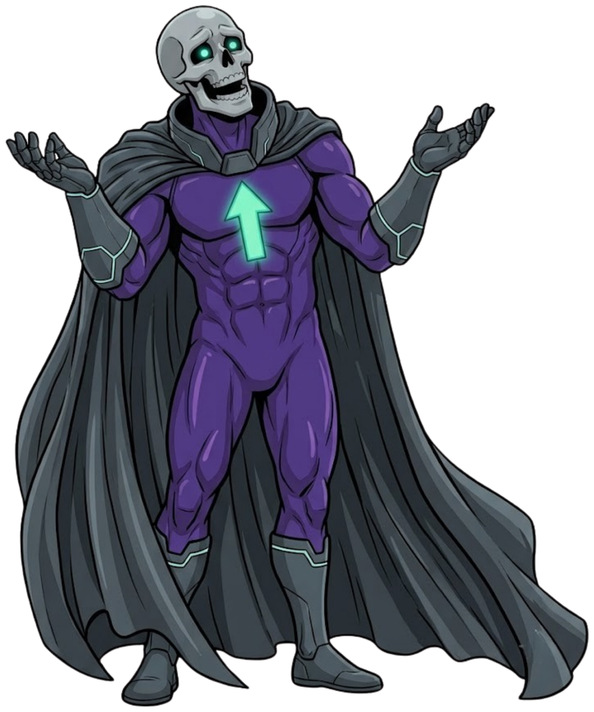 Lord Greyskull with both arms raised in an open, welcoming gesture