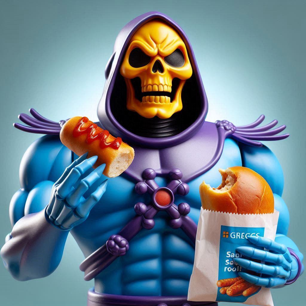 Skeletor from Masters of the Universe if holding both a Greggs Sausage Roll and a Greggs Sausage sandwich