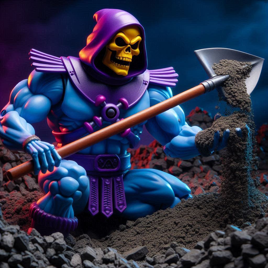 Skeletor from Masters of the Universe shovelling aggregate