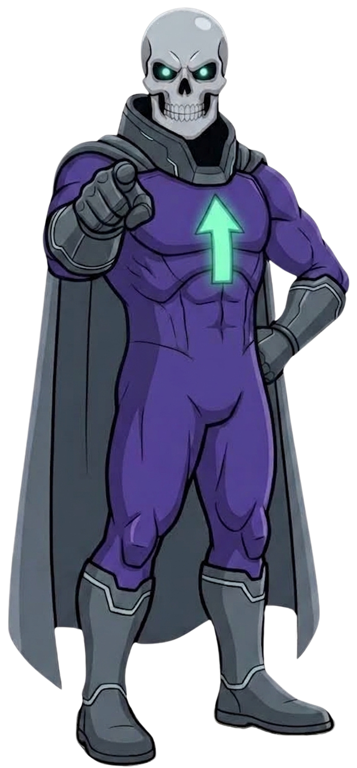 Lord Greyskull pointing straight at the viewer, other hand on hip