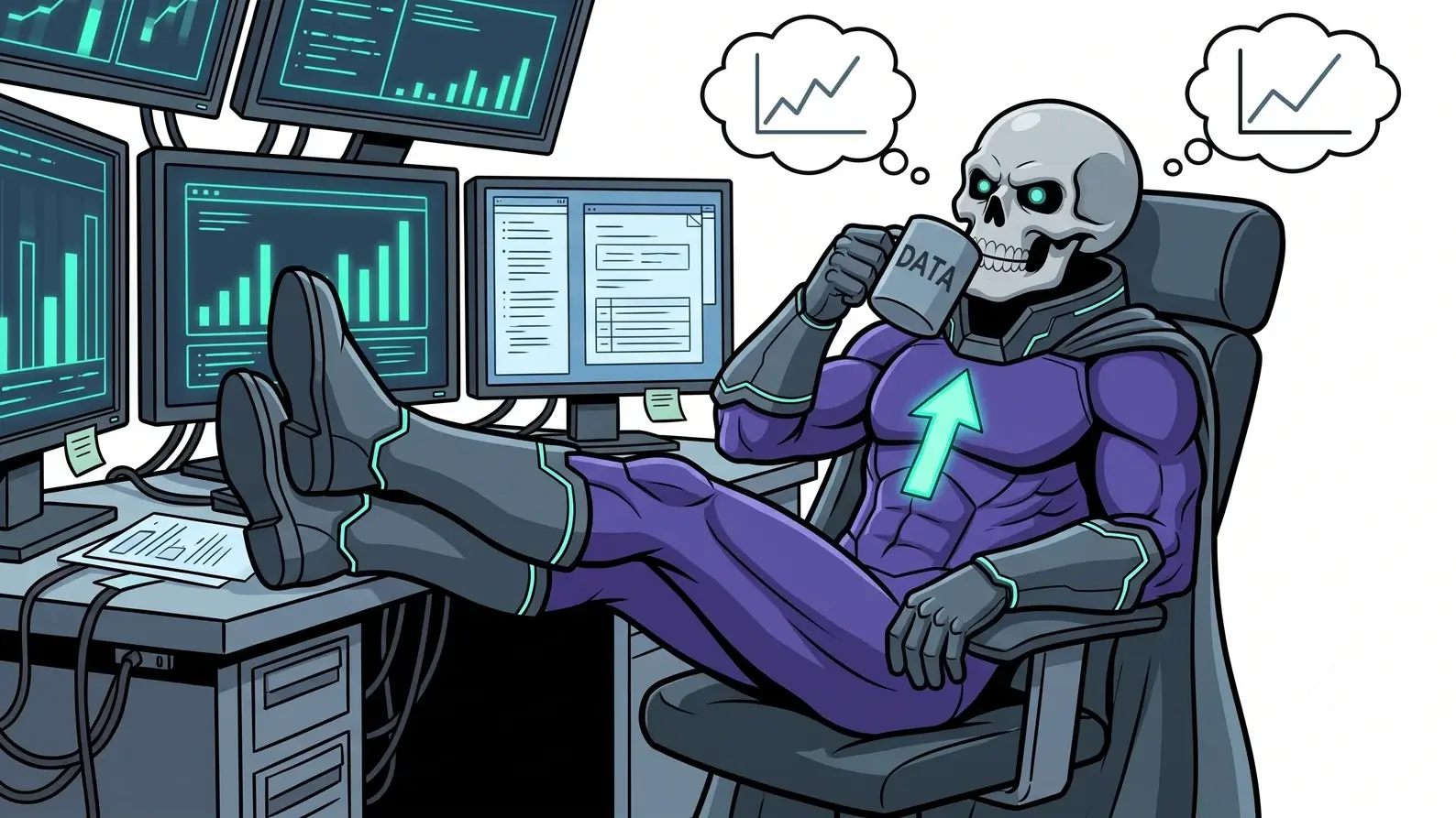 Lord Greyskull with his feet up at the desk, mug labelled DATA, thought bubbles of charts