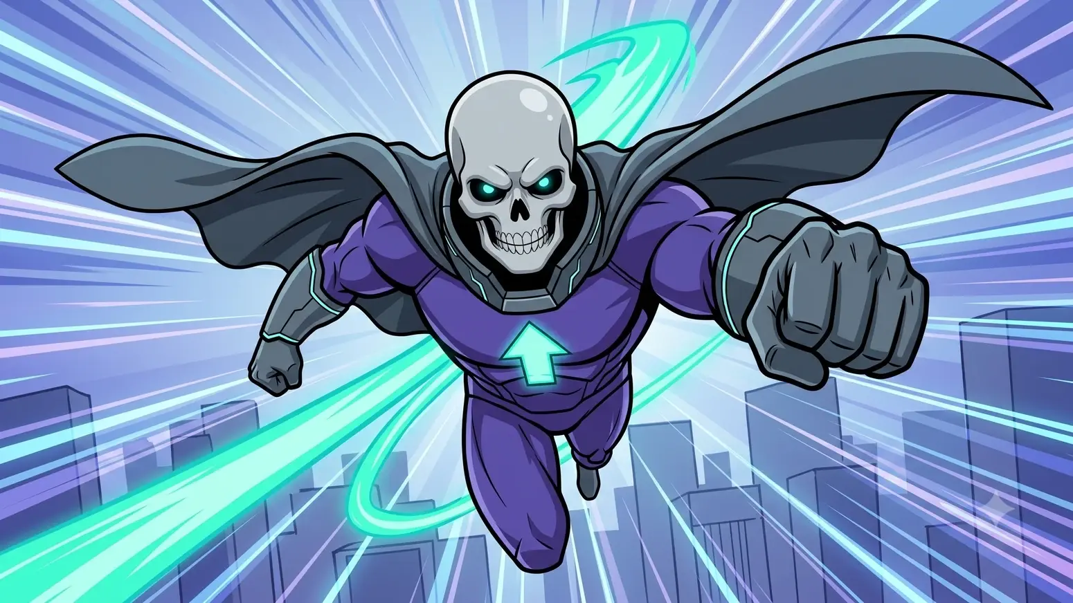 Lord Greyskull flying over a city skyline