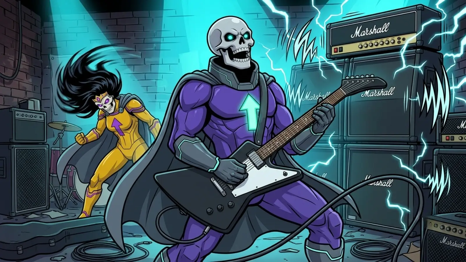 Lord Greyskull playing electric guitar on stage, Lady Greyskull on drums behind him