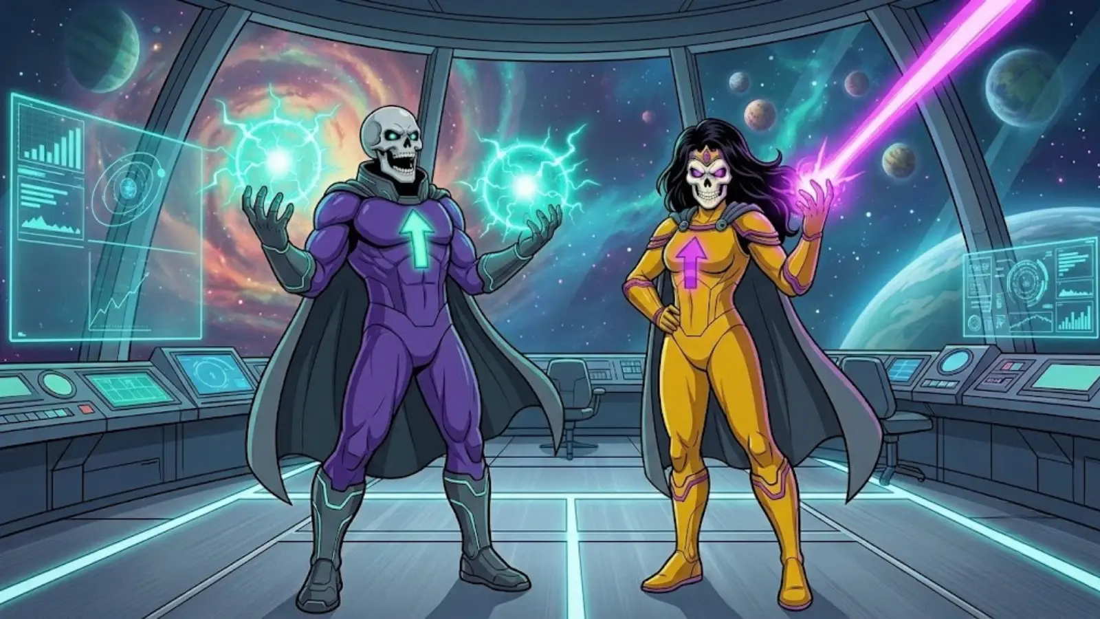 Lord Greyskull and Lady Greyskull standing together in a space observation deck