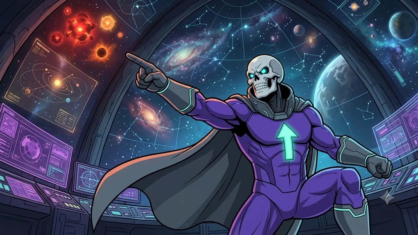 Lord Greyskull pointing out at a starfield from an observatory dome