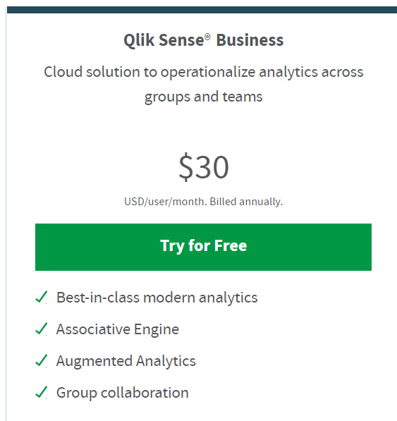 Qlik pricing is $30 per user