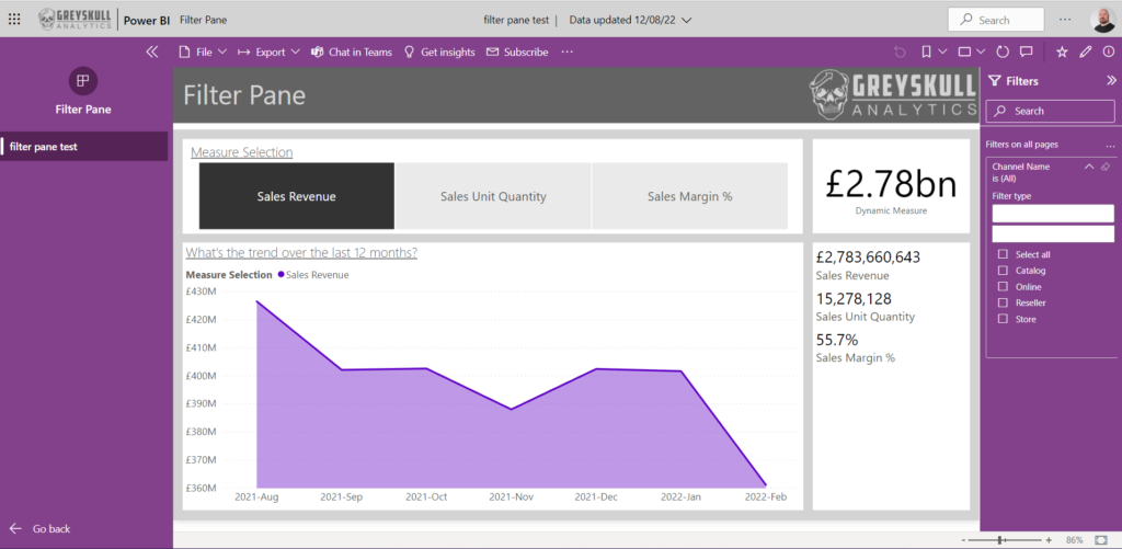 A report published as part of an app where the filter pane has been formatted to match the app theme.