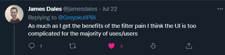 A tweet by James Dales calling the filter pain too complicated for the majority of users