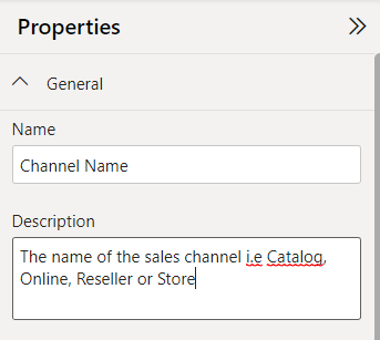 The properties pane in the Power BI model view showing where to add a description