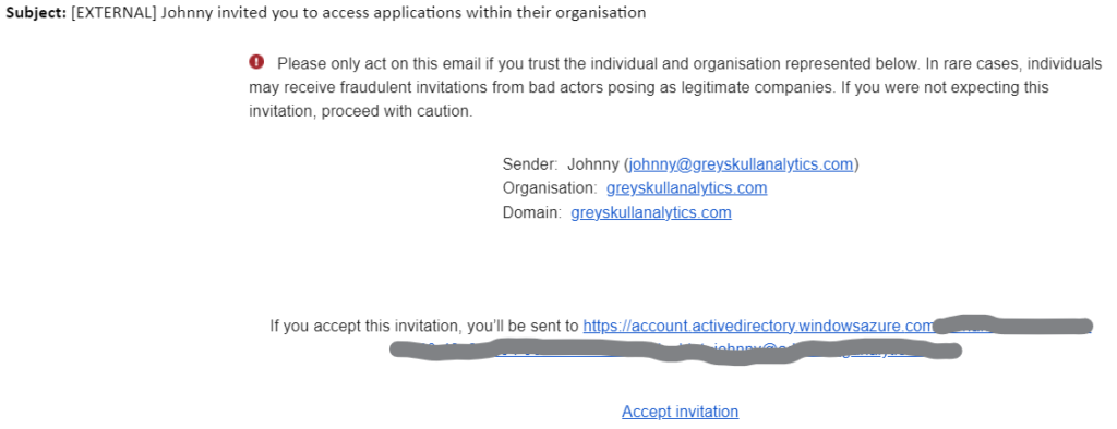 An email inviting a user to join an Azure tenant as a guest