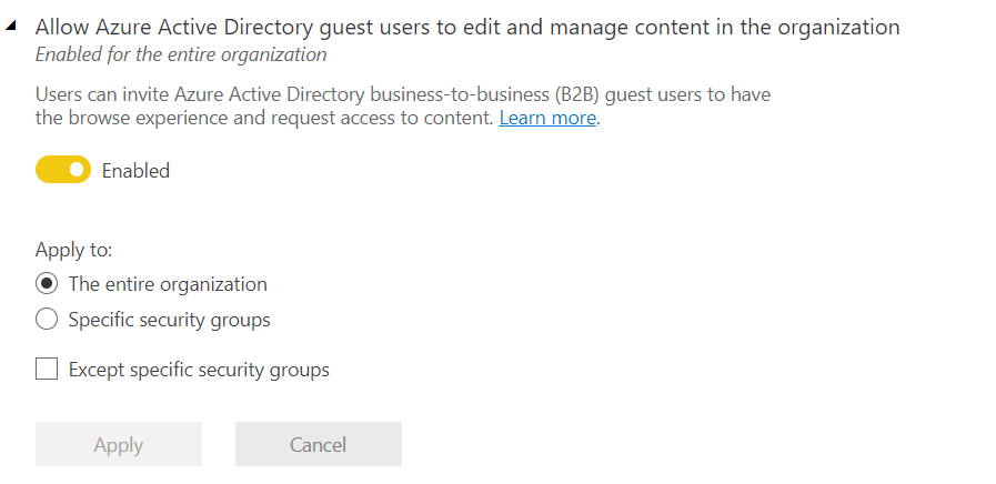 The 'Allow Azure Active Directory guest users to edit and manage content in the organization' setting in the Power BI Admin Portal