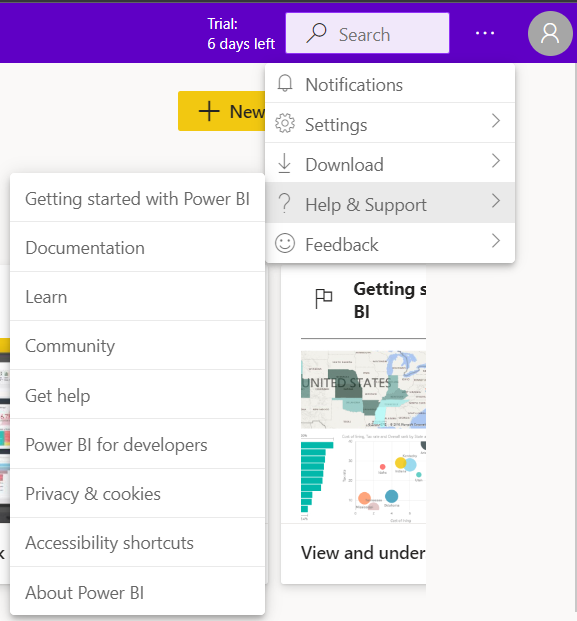 Navigating to 'Help & Support' and then 'About Power BI' in the Power BI Service