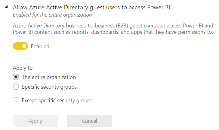 The 'Allow Azure Active Directory guest users to access Power BI' setting in the Power BI Admin Portal