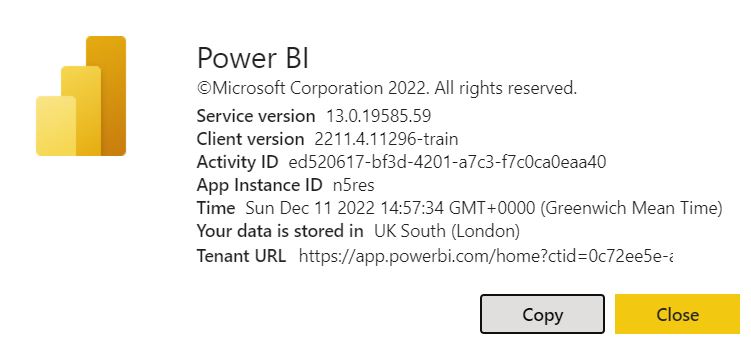 Showing the 'About Power BI' information, including the Tenant URL